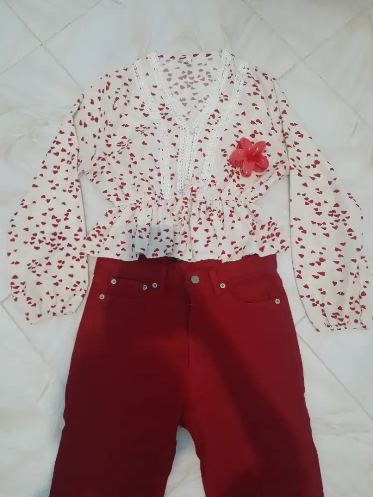 Preloved one set blouse motif + jeans