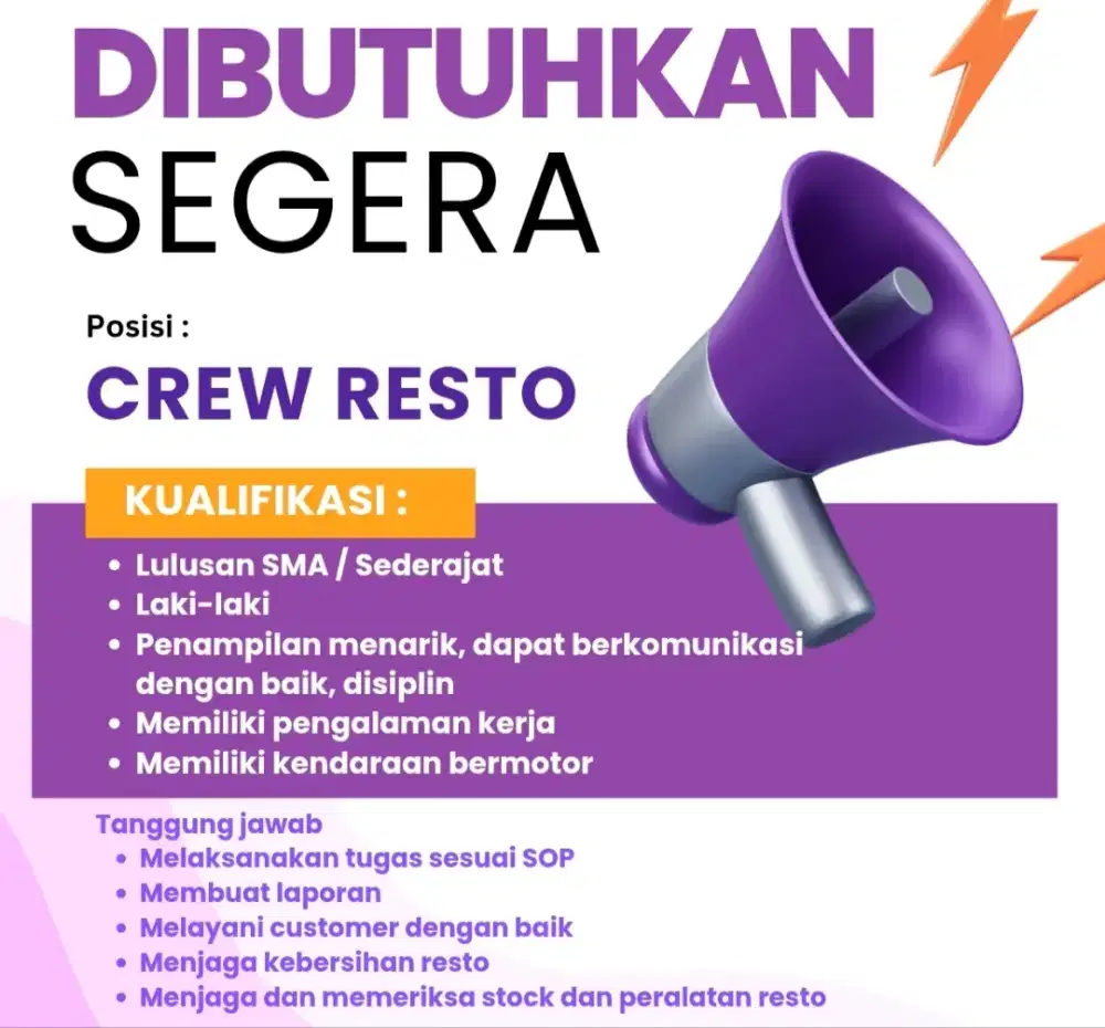 Dibutuhkan Crew Outlet Fried Chicken
