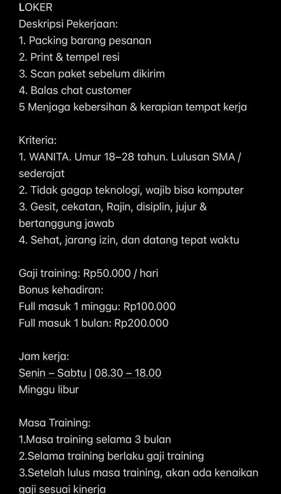 LOKER ADMIN+PACKING KHUSUS WANITA