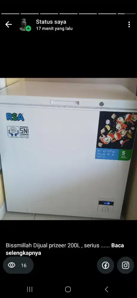 Dijual freezer RSA 200L dan kulkas sharp 2 pintu