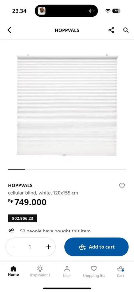 IKEA HOPPVALS Blind Tirai 120x155cm – Baru