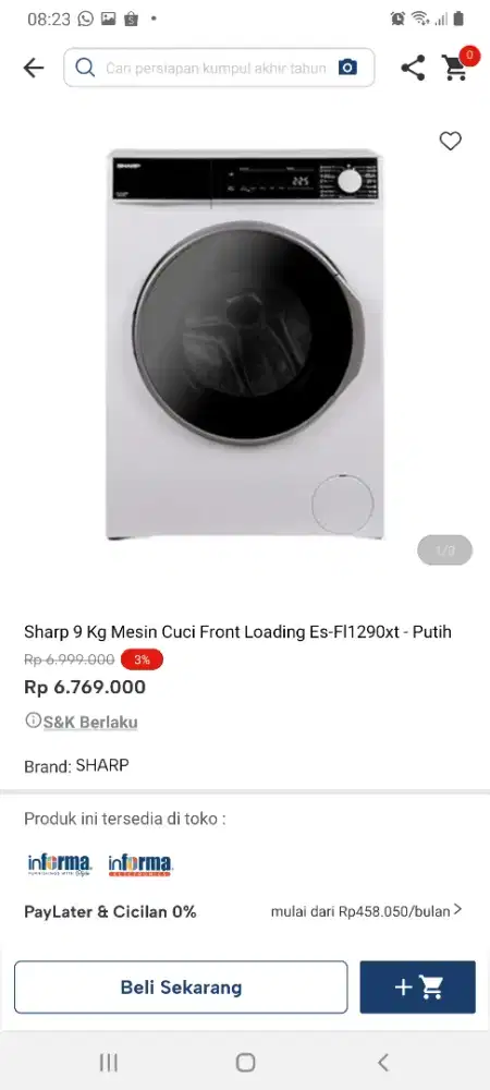 Sharp mesin cuci frontloading 9kg