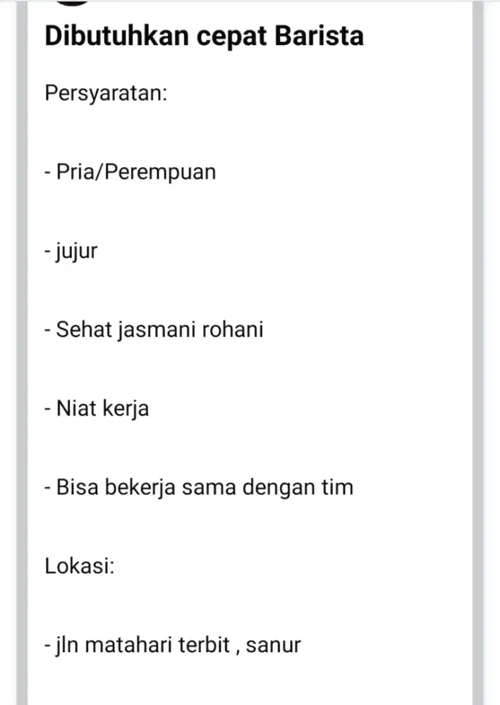 DIBUTUH SEGERA BARISTA