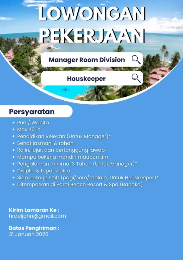 Dicari Houskeeper & Manager Room Division