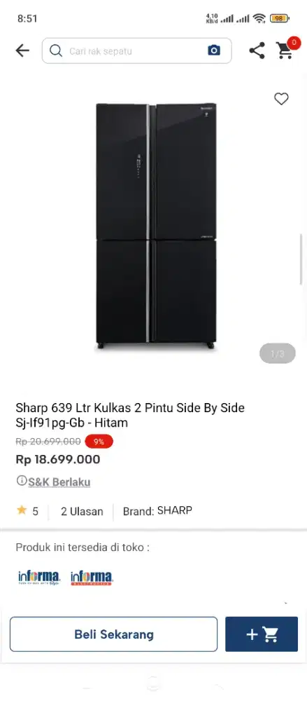 Kulkas Sharp 2 pintu cicilan tanpa DP pakai Indodana paylater