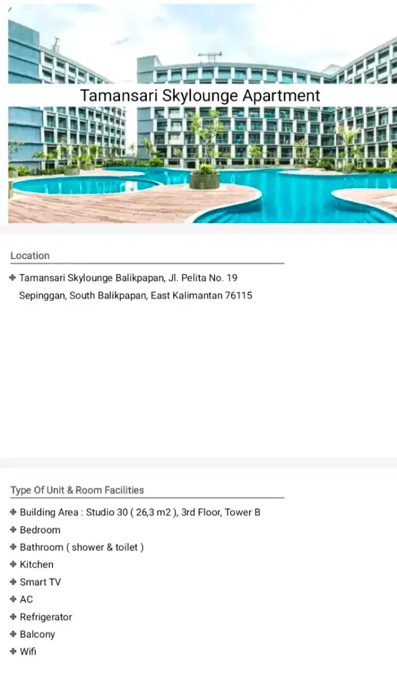 Dijual Apartment Taman Sari Sky Lounge , Balikpapan