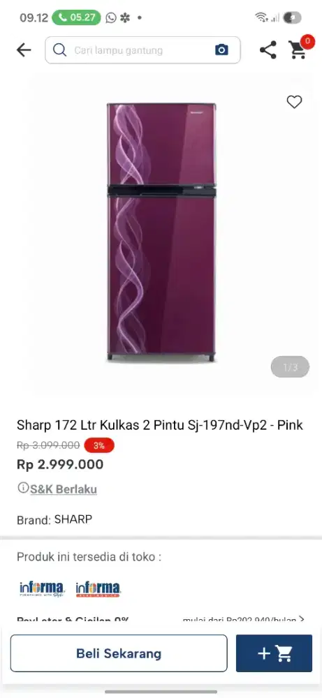 Ready stok kulkas sharp 2 pintu