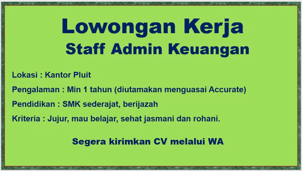 DIBUTUHKAN STAF ADMIN KEUANGAN