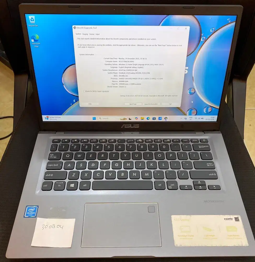 Asus intel celeron N4020 ram 4/256 gb ssd