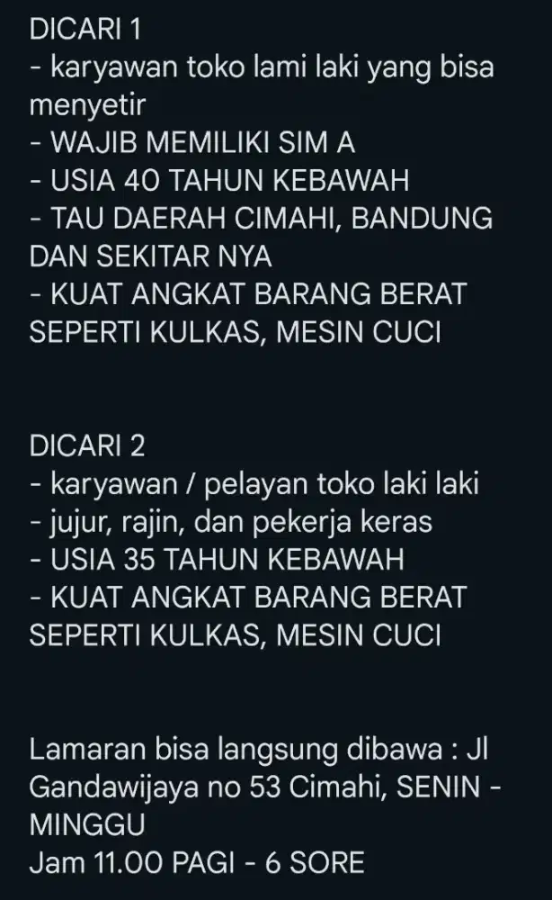 DICARI KARYAWAN / PELAYAN TOKO