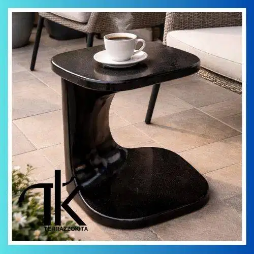 Meja kopi bahan terrazzo hitam natural teraso