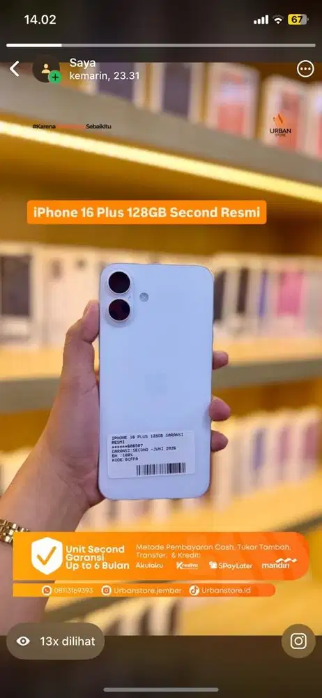 IPHONE 16 PLUS 128GB SECOND RESMI