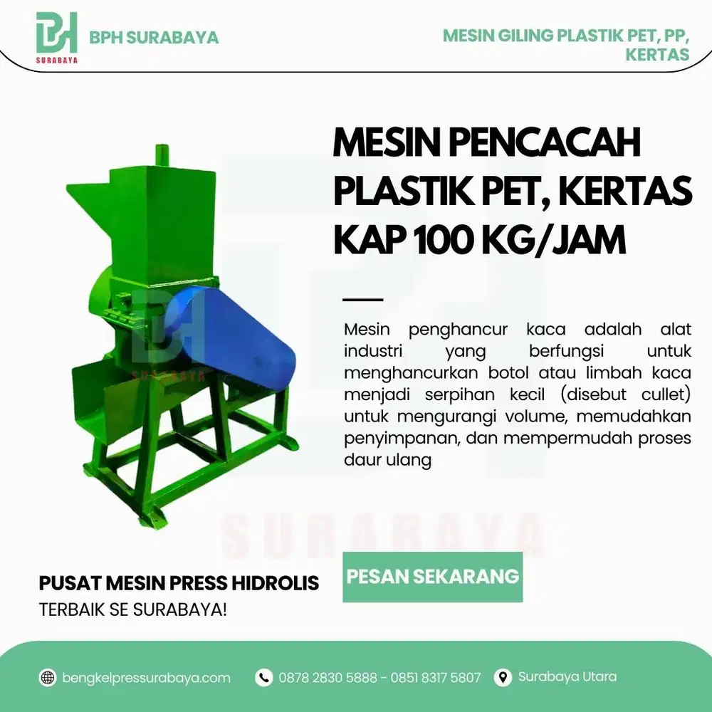 Mesin Pencacah Plastik, Kertas, Botol PET PP Kapasitas 100Kg/Jam