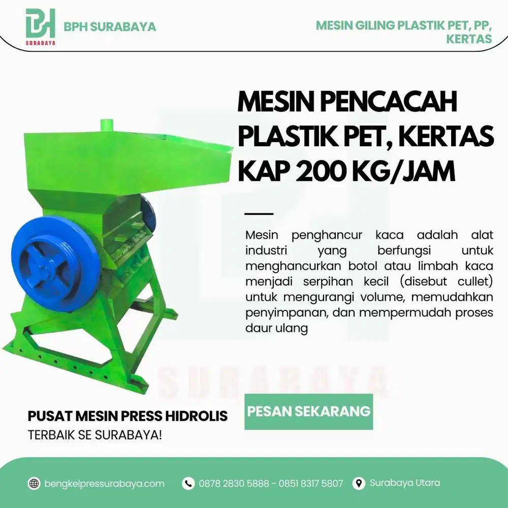 Mesin Pencacah Plastik PET, PP, Kertas, Emberan Kapasitas 200kg/jam