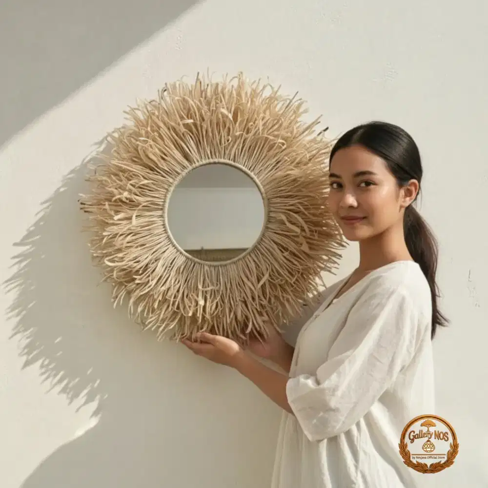 Cermin Dinding Rotan Natural Handmade Boho Sunburst dekorasi Estetik