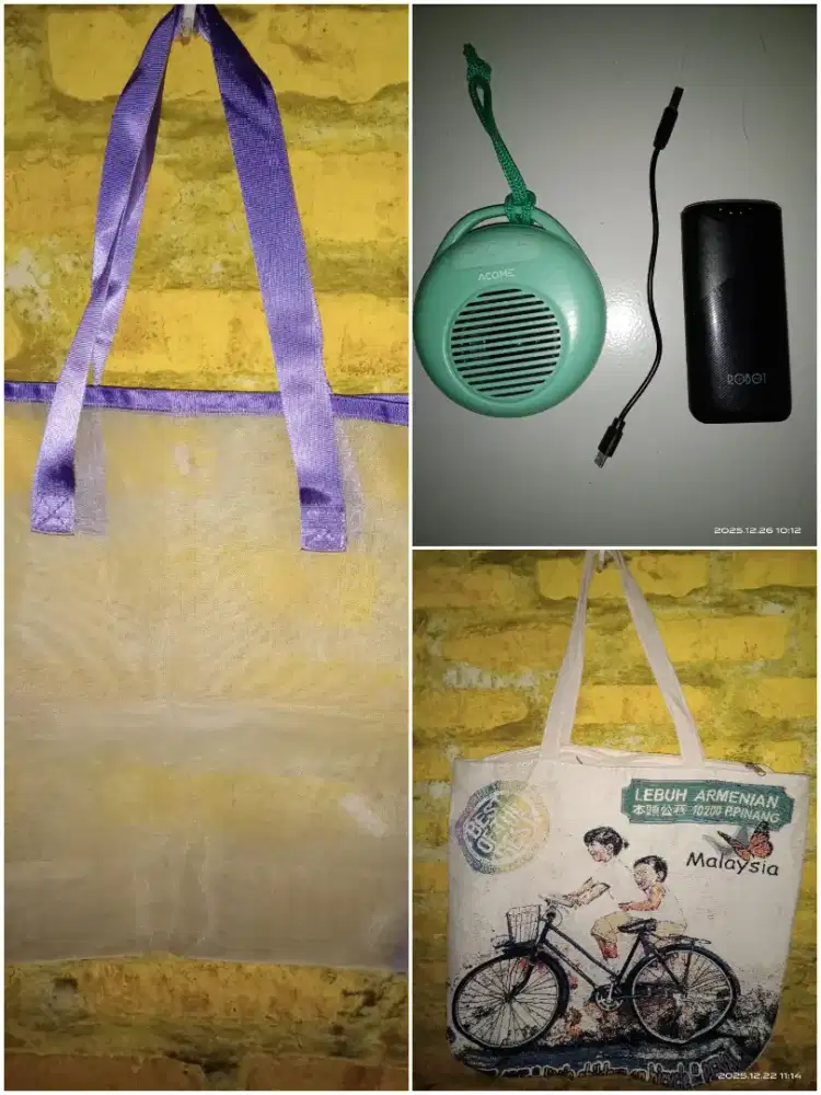 Tas bahu/jinjing besar (new), dan power bank + speaker bluetooth (2nd)
