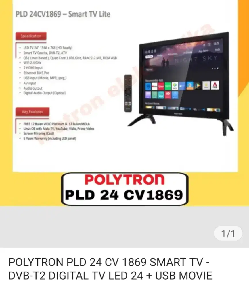 POLYTRON PLD 24 CV 1869 SMART TV -DVB-T2 DIGITAL TV LED 24 + USB MOVIE
