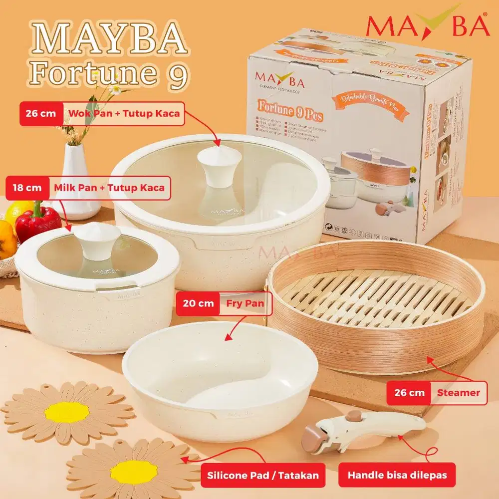 Panci Fortune 9 Pcs Granit Putih Anti Lengket Sehat Handle Lepas
