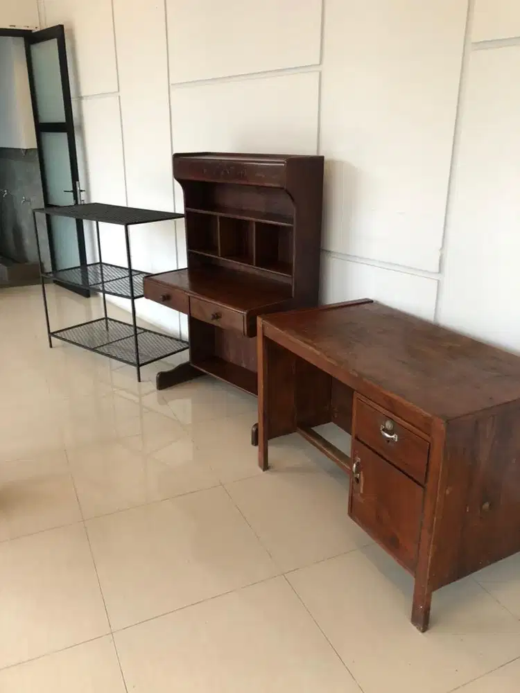 Meja Kerja Lemari Belajar Jati Asli &  Rak Besi