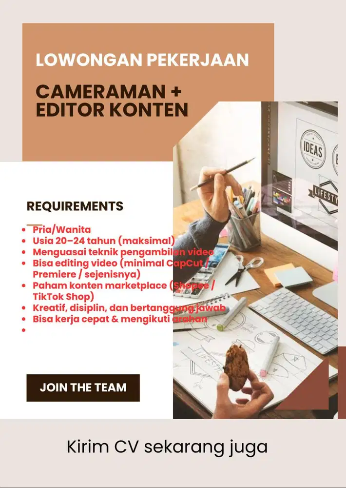 wongan Cameraman & Video Editor Konten Marketplace  Dicari Cameraman +