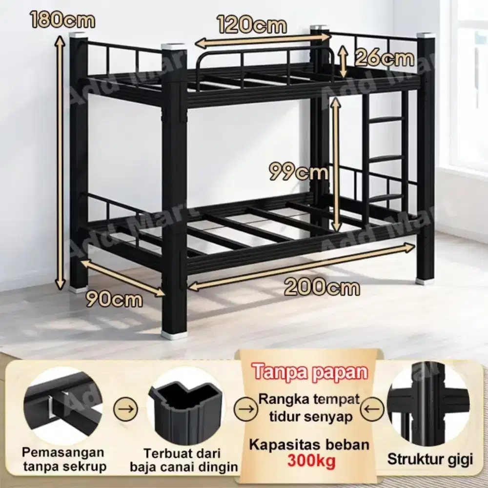 Ranjang besi 2 tingkat ukuran 200 x 90 x 180