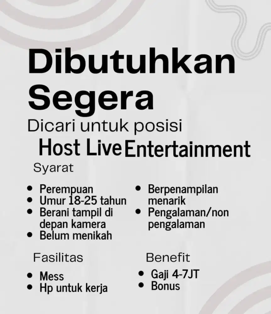 LOWONGAN KERJA POSISI HOST LIVE ENTERTAINMENT&RECRUITER!!
