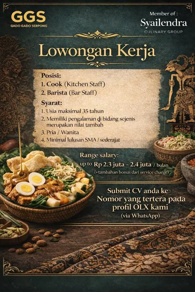 Lowongan Kerja Cook dan Barista di Gading Serpong, Tangerang