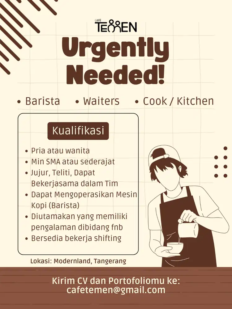 Dibutuhkan Barista, Waiters, Cook