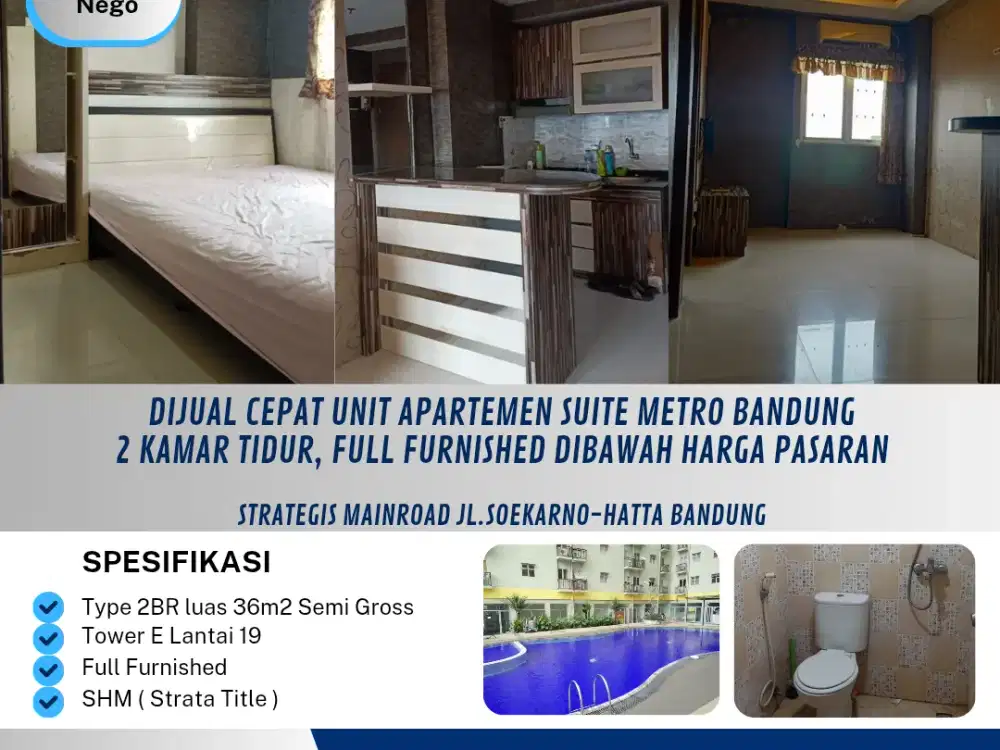 Dijual Cepat Unit
Apartemen Suite Metro Bandung
2 Kamar Tidur ( 36m2 Semigross ), Tower Paling Depan ( Tower E ) Termurah Harga Masih Nego

Strategis mainroad jl.Soekarno-hatta Bandung