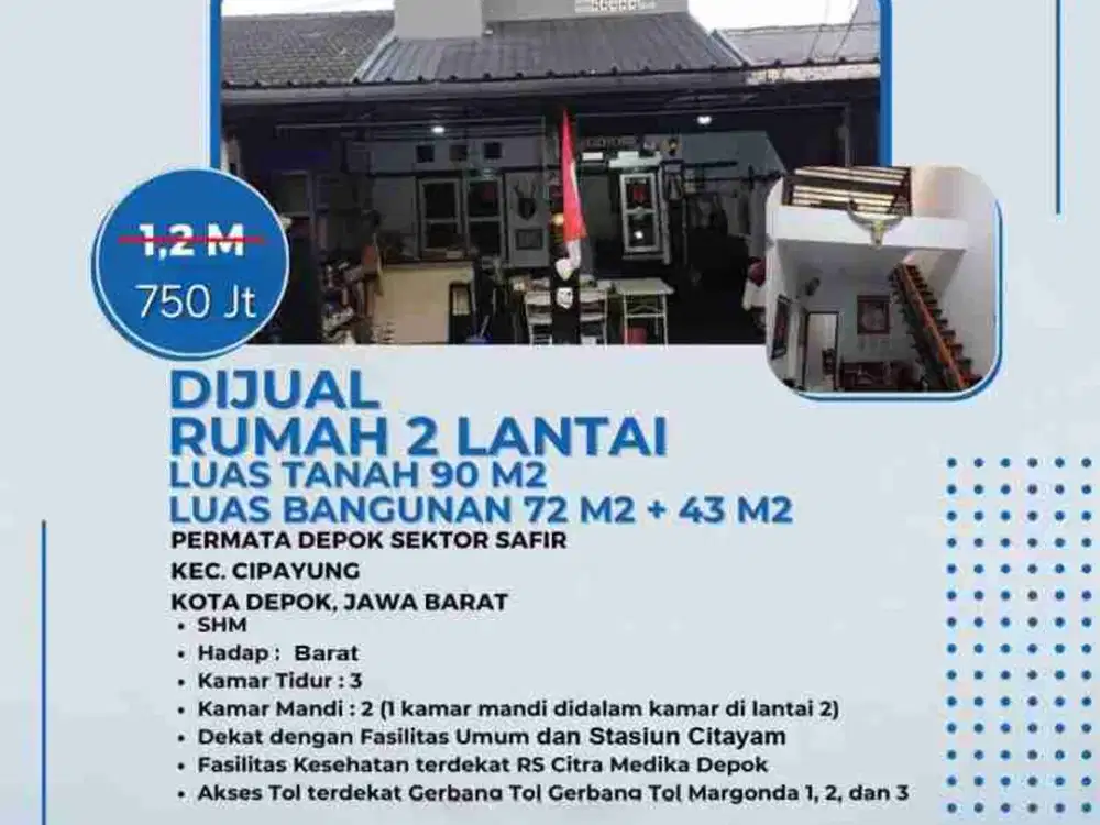 Turun Harga Jual Rumah di perum permata depok cipayung luas 90 m2