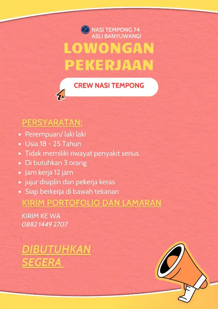 LOWONGAN KERJA PEREMPUAN / LAKI LAKI DI NASI TEMPONG 74
