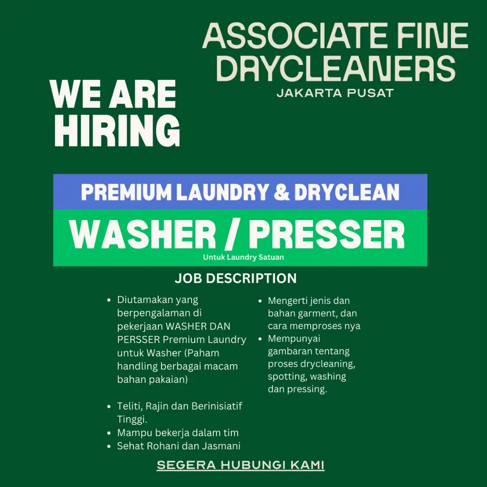 LOWONGAN: WASHER PRESSER LAUNDRY PREMIUM DRYCLEAN