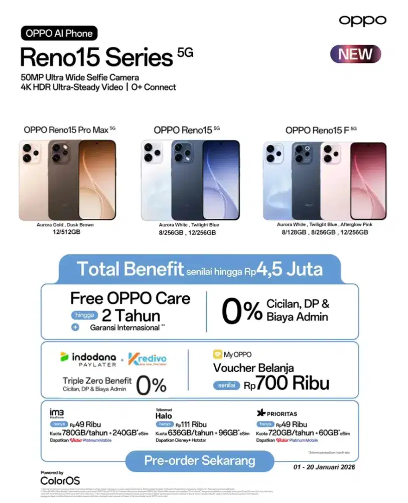 Pre-order Oppo Reno 15 series dapatkan benefit hingga 4.5Jt