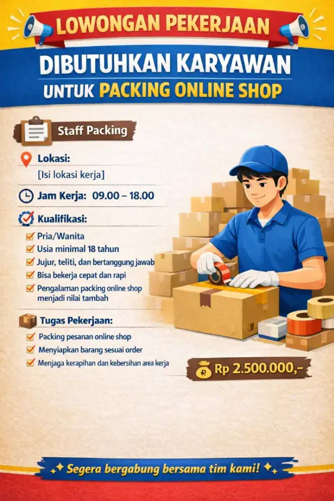 DIBUTUHKAN KARYAWAN UNTUK PACKING ONLINE SHOP