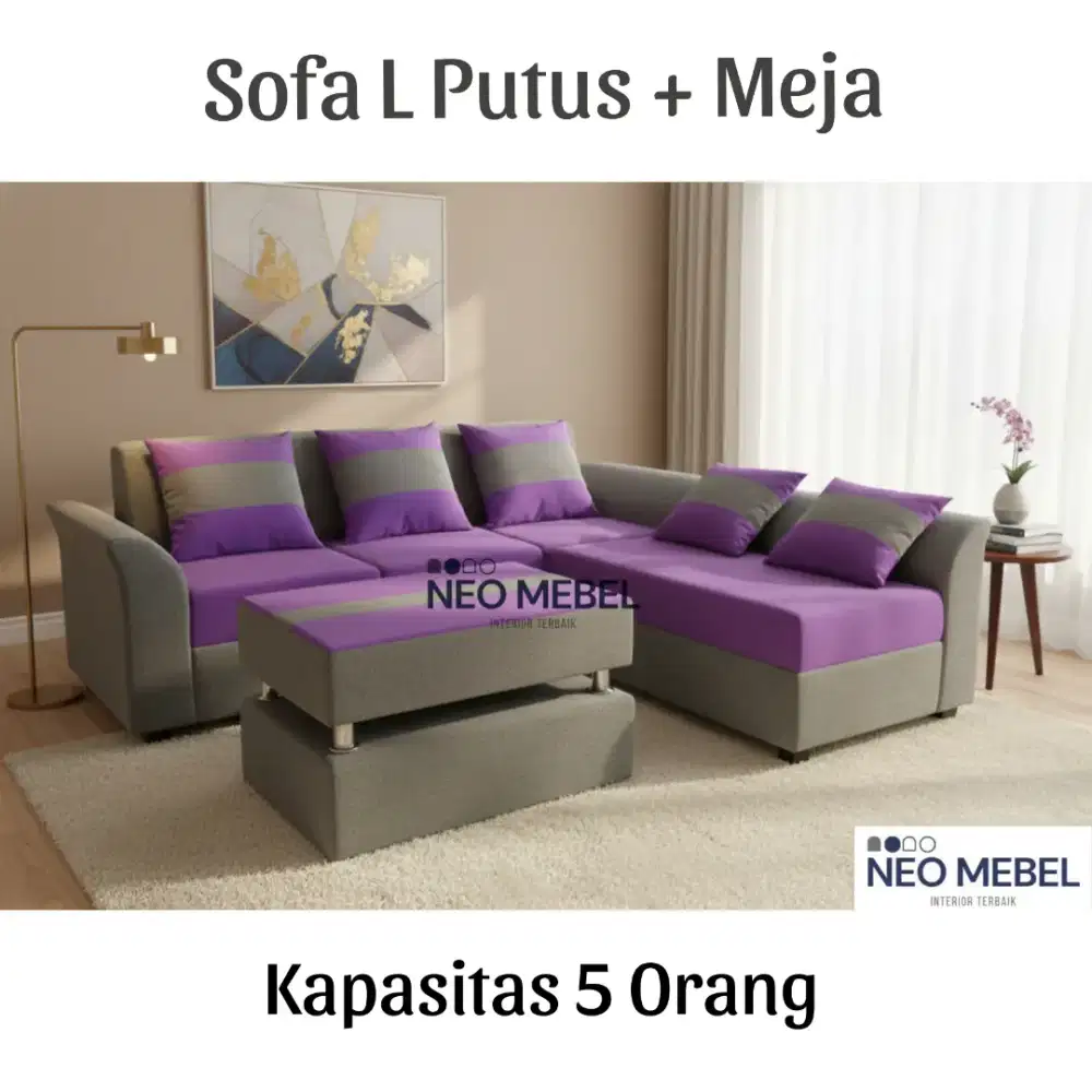 Sofa L Putus + meja. Kapasitas 5 orang. Bonus bantal