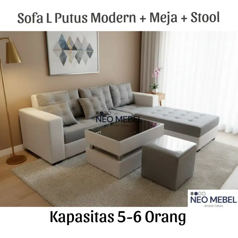 Sofa L putus Metro + meja + stool. Sofa ruang tamu minimalis
