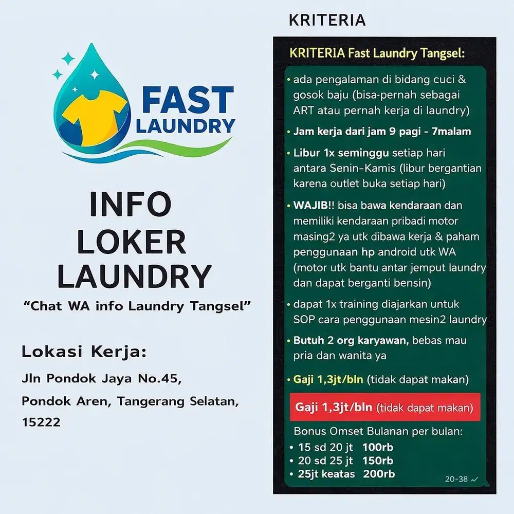 Lowongan Kerja Laundry Kiloan Pondok Aren Tangerang Selatan