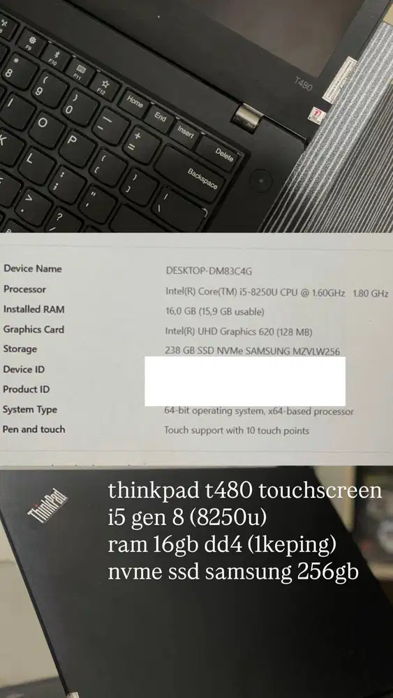 lenovo thinkpad T480 i5 gen 8 8250u think pad laptop touchscreen bekas