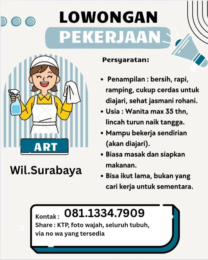 Dicari ART wanita max 35thn, berpengalaman & bisa masak,