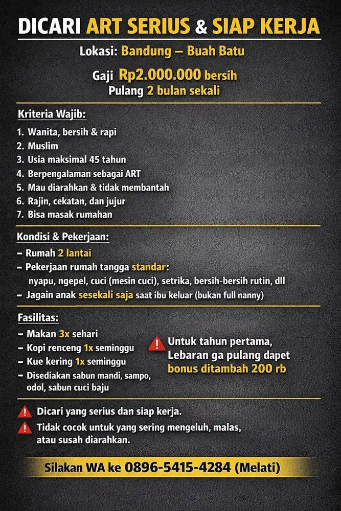 DIBUTUHKAN SEGERA ART menginap BANDUNG BUAH BATU GAJI 2 juta bersih
