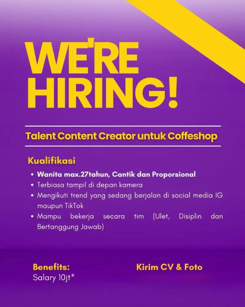 Dibutuhkan Talent Content Creator Coffee Shop di Jakarta Barat