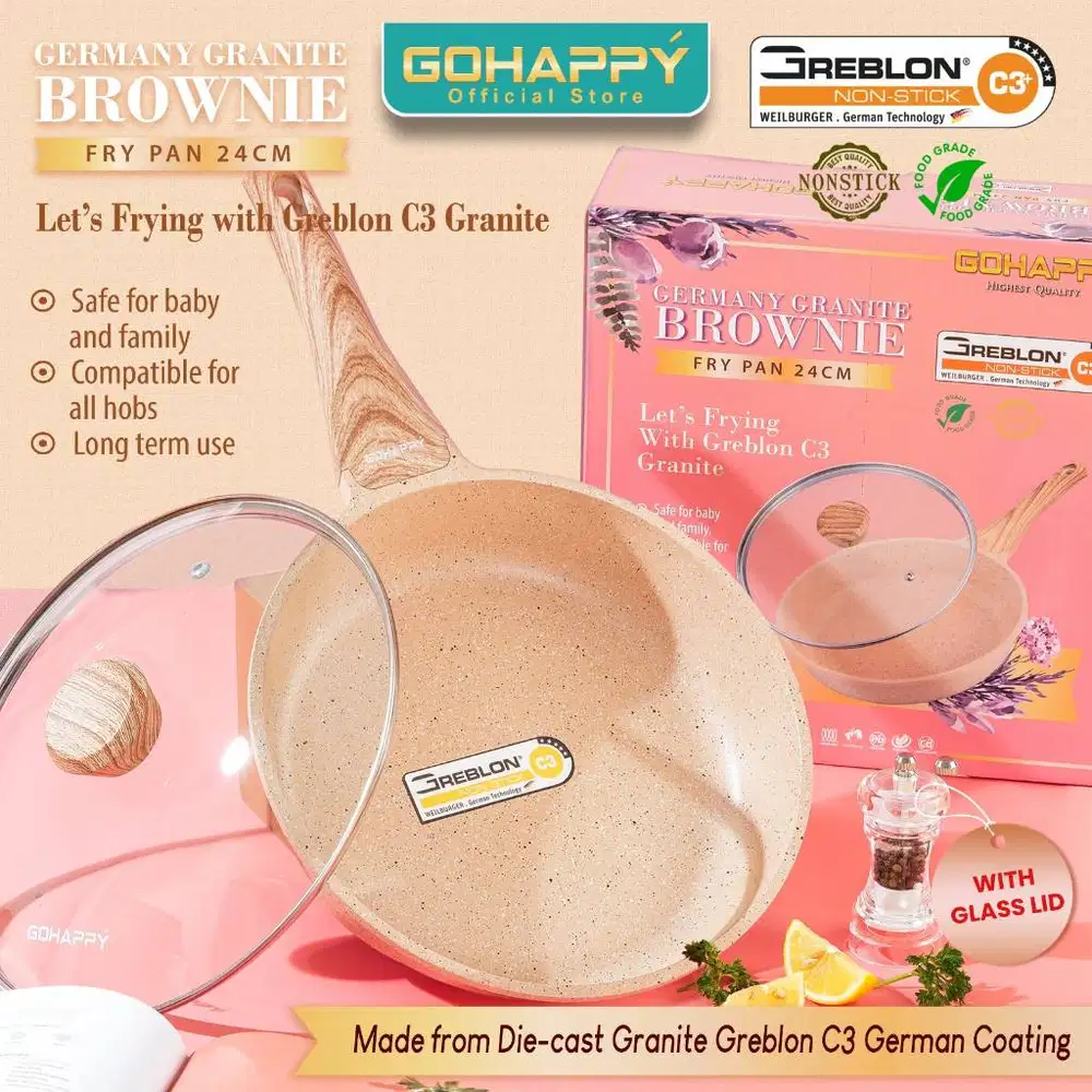 Gohappy Panci Brownie Fry Pan 24cm Granite Greblon C3 + Glass Lid