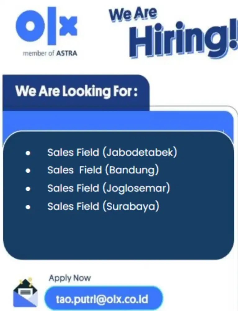 Lowongan Kerja Sales Field(Jabodetabek, Bandung, Joglosemar, Surabaya)