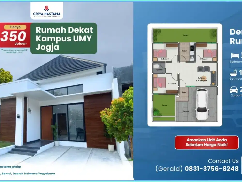 DIJUAL RUMAH DEKAT KAMPUS UMY ROW JALAN LEBAR DI BANGUNJIWO