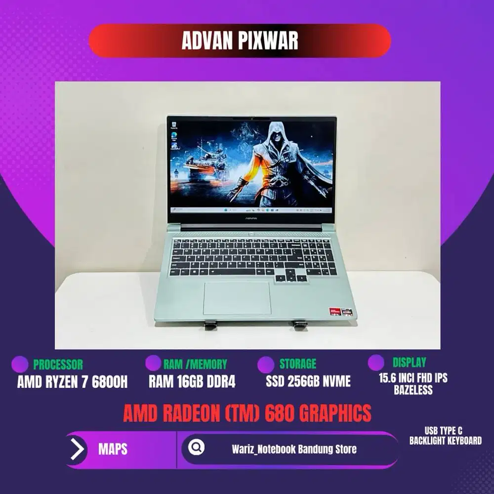 ADVAN PIXWAR AMD RYZEN 7 6800H RAM 16GB SSD 256GB NVME 15.6in FHD IPS