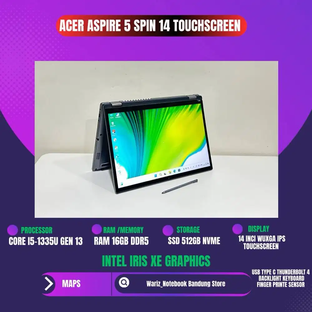 ACER ASPIRE 5 SPIN 14 CORE I5-1335U GEN 13 RAM 16GB DDR5 SSD 512GB NVM