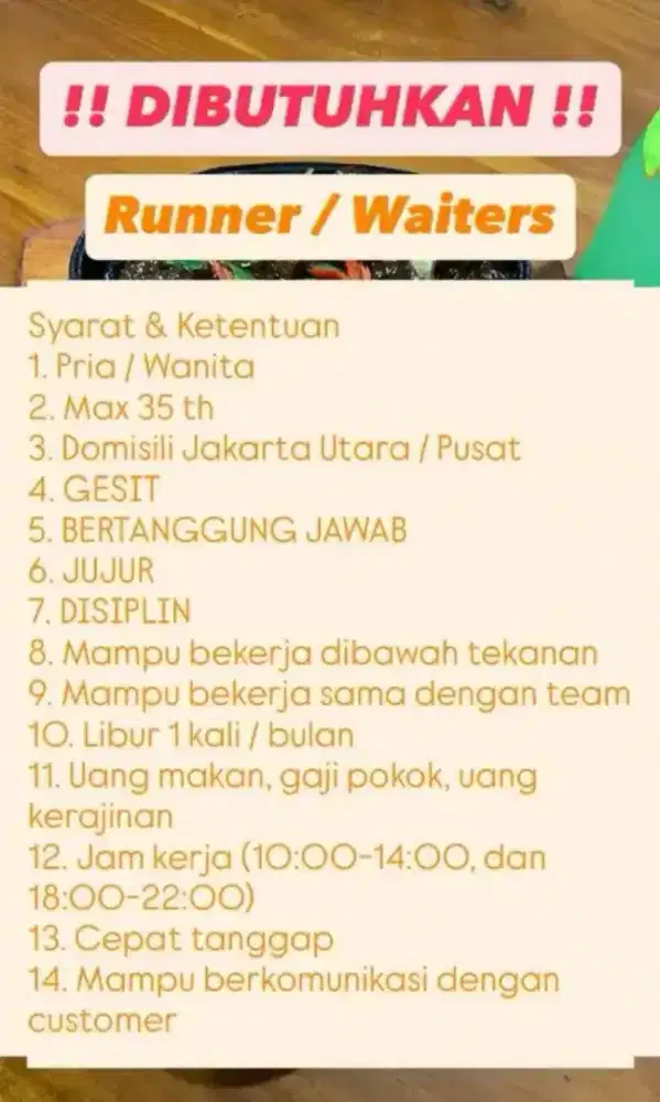 lowongan untuk waitress