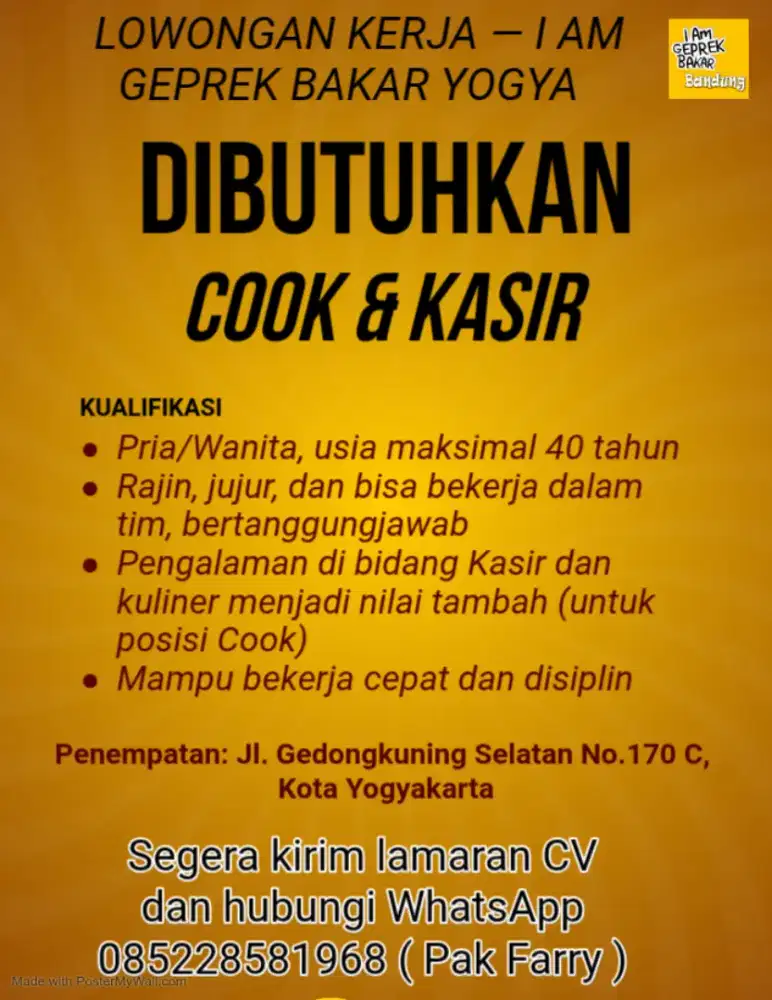 Dibutuhkan secepatnya bulan Januari ini Lowongan kerja chef dan kasir
