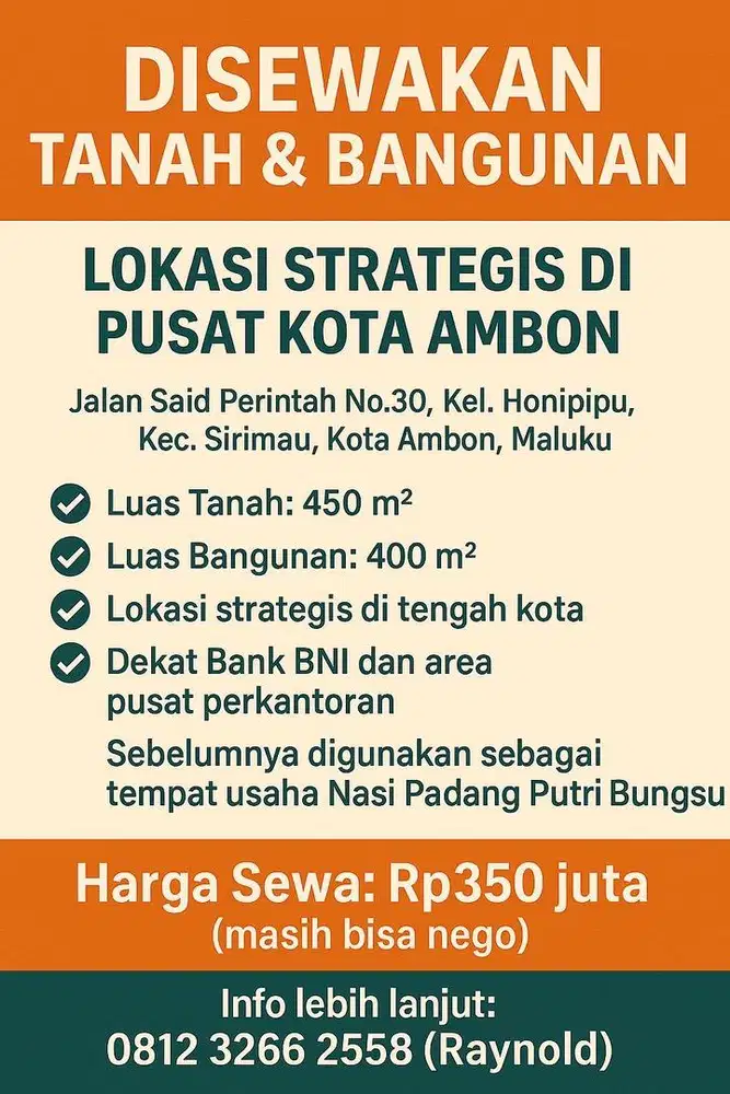 Disewakan Bangunan Komersil Strategis di Pusat Kota Ambon