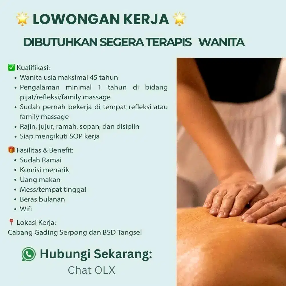 LOWONGAN TERAPIS MASSAGE NON PLUS2 WANITA BSD– SEGERA
